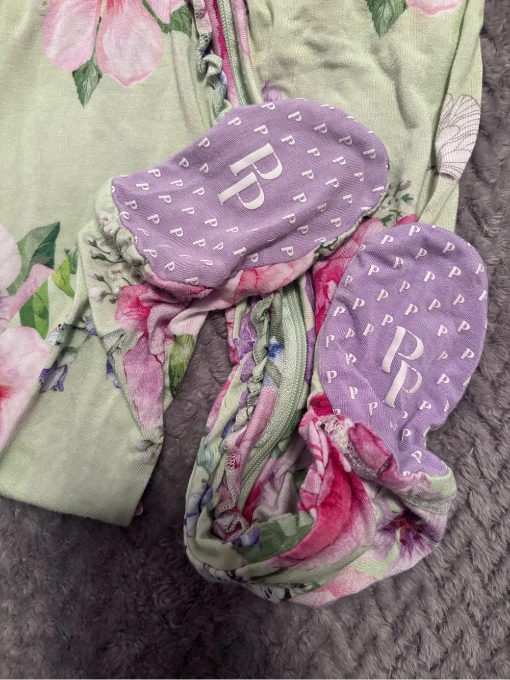 EUC. Posh Peanut Pink & Green Floral Zip Footed One-Piece. 18-24 Months.